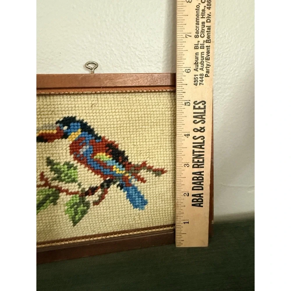 Vintage Framed Needlepoint Artwork Hand Stitched Toucan Bird On A Branch
